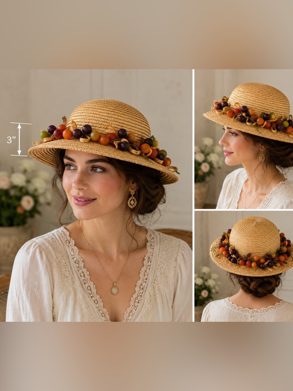 Vintage Frank Olive X Bonwit Teller Straw Fruit Hat Grapes Floral Trim 22"